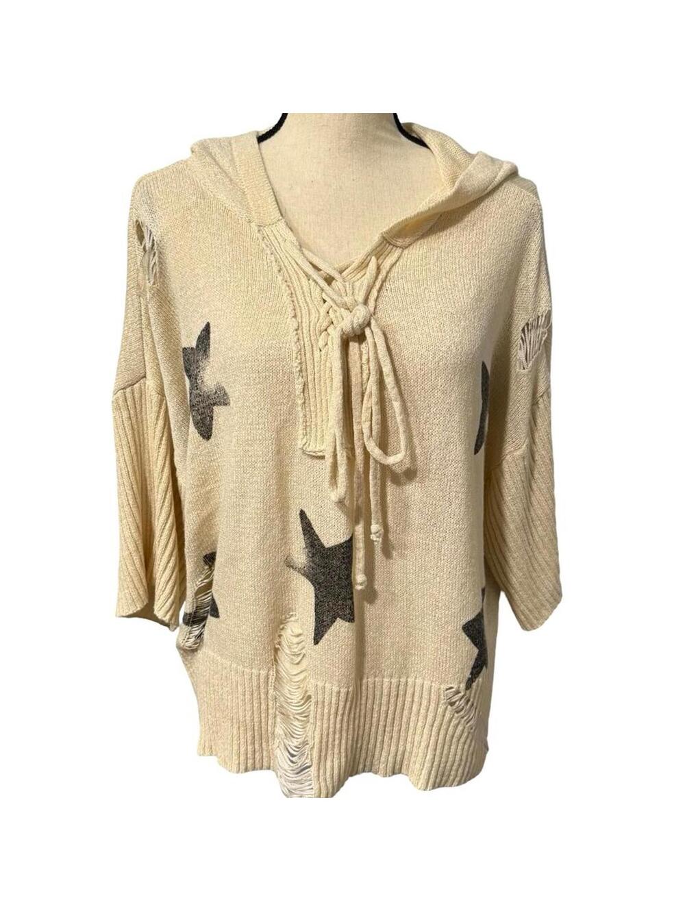 Pol Cream & Black Distressed Hooded Sweater with Stars Size S